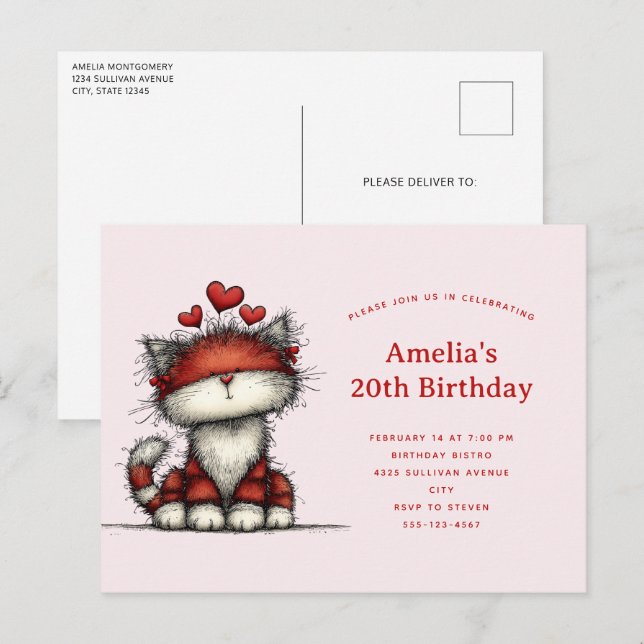 Cute Cat with Red Love Hearts Birthday Invitation Postcard (Front/Back)