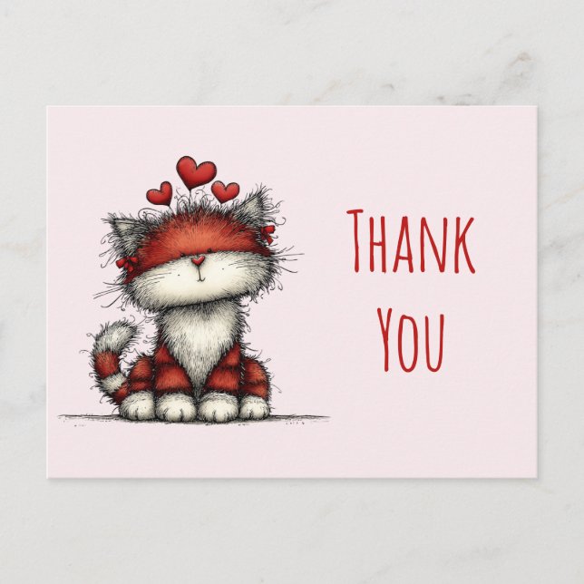 Cute Cat with Red Love Hearts Thank You Postcard (Front)