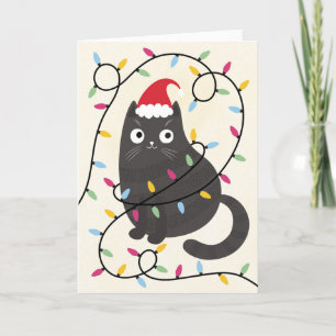 Cute cat with Santa hat and lights Christmas Holiday Card