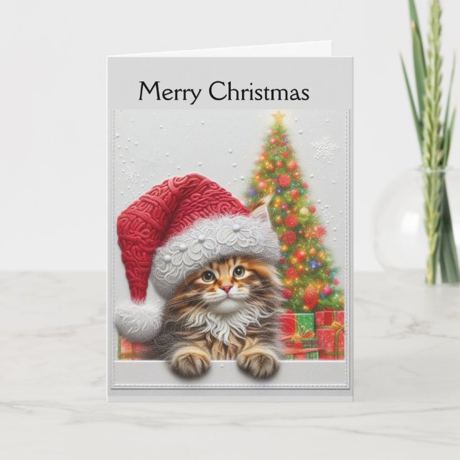Cute Cat with Santa Hat Christmas  Holiday Card (Front)