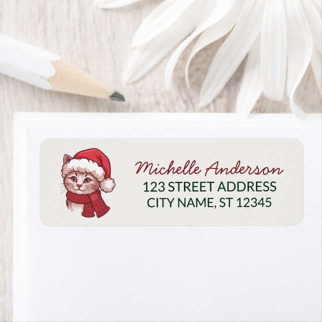 Cute Cat with Santa Hat Christmas Return Address (Insitu)