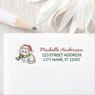 Cute Cat with Santa Hat Christmas Return Address