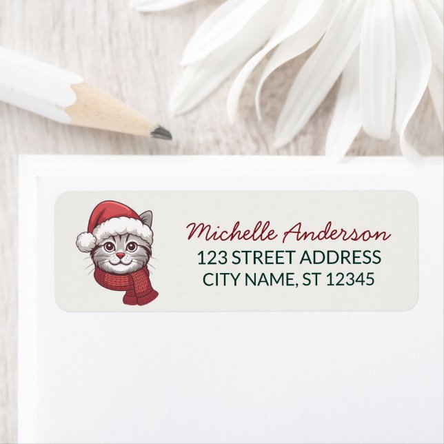 Cute Cat with Santa Hat Christmas Return Address (Insitu)