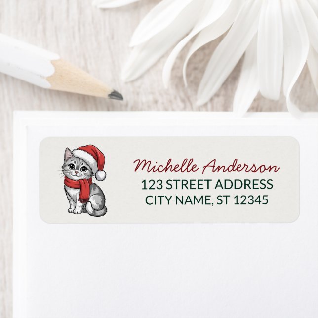 Cute Cat with Santa Hat Christmas Return Address (Insitu)