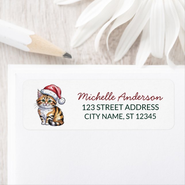 Cute Cat with Santa Hat Christmas Return Address (Insitu)
