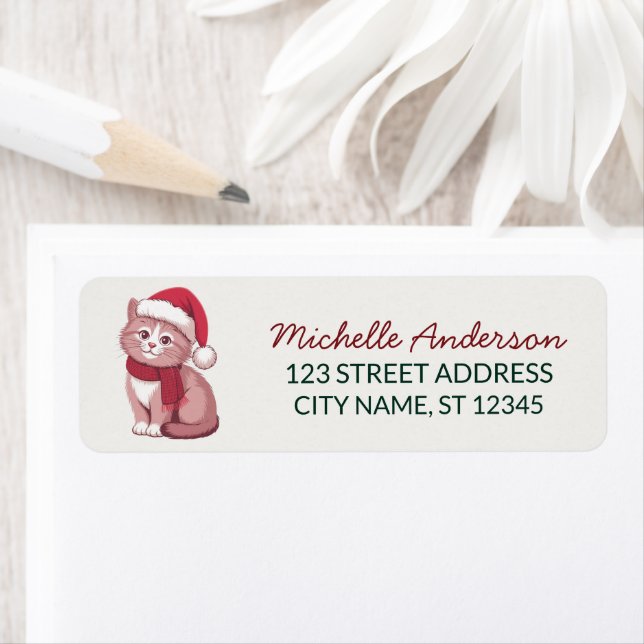 Cute Cat with Santa Hat Christmas Return Address (Insitu)