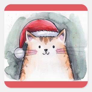 Cute Cat with Santa Hat Square Stickers
