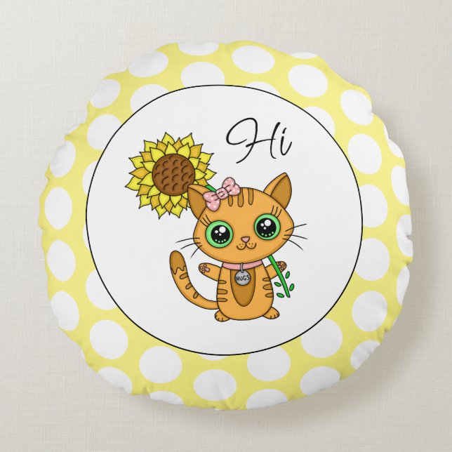 Cute Cat with Sunflower And Polka Dots Round Pillow (Front)