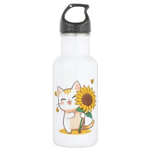 Cute Cat with Sunflower Kawaii Design 532 Ml Water Bottle