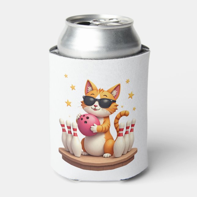 Cute Cat With Sunglasses Cat Playing Bowling For m Can Cooler (Can Front)