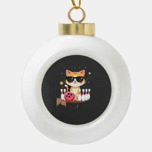 Cute Cat With Sunglasses Cat Playing Bowling For m Ceramic Ball Christmas Ornament