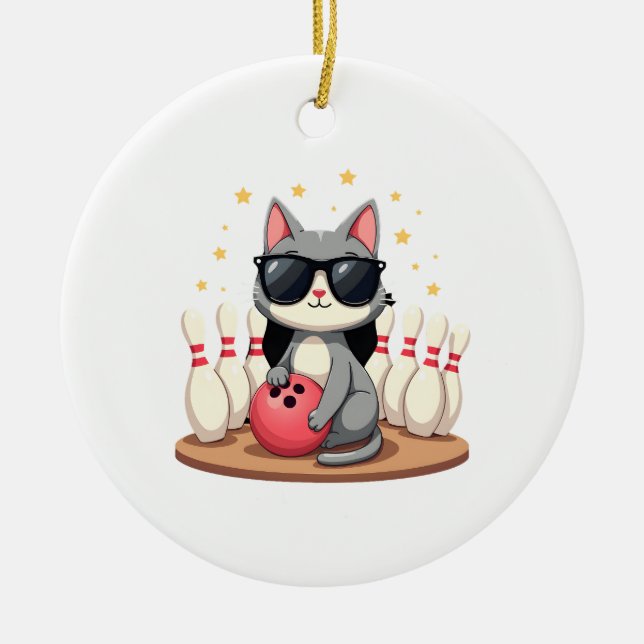Cute Cat With Sunglasses Cat Playing Bowling For m Ceramic Ornament (Front)