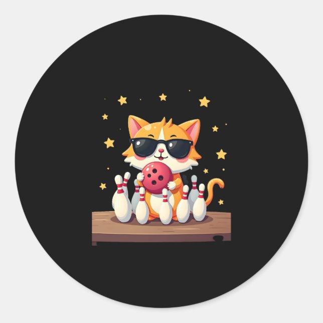 Cute Cat With Sunglasses Cat Playing Bowling For m Classic Round Sticker (Front)