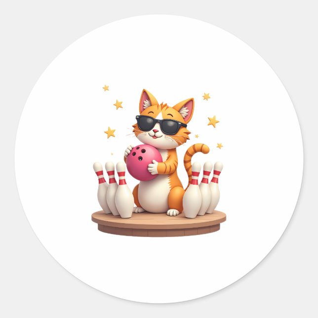 Cute Cat With Sunglasses Cat Playing Bowling For m Classic Round Sticker (Front)