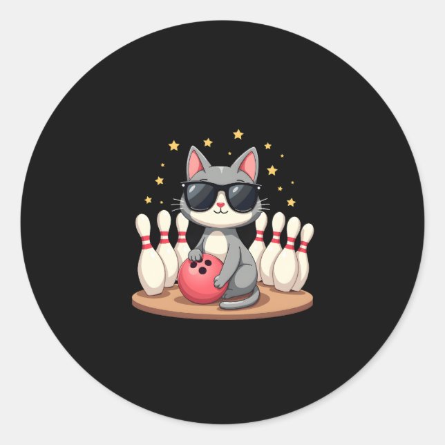 Cute Cat With Sunglasses Cat Playing Bowling For m Classic Round Sticker (Front)