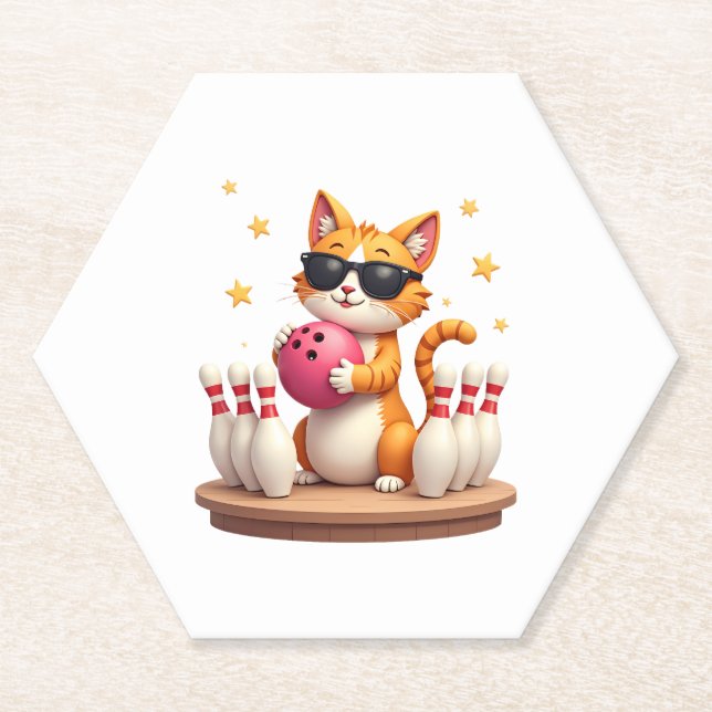 Cute Cat With Sunglasses Cat Playing Bowling For m Paper Coaster (Front)
