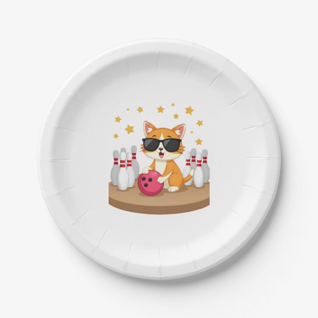 Cute Cat With Sunglasses Cat Playing Bowling For m Paper Plate (Front)