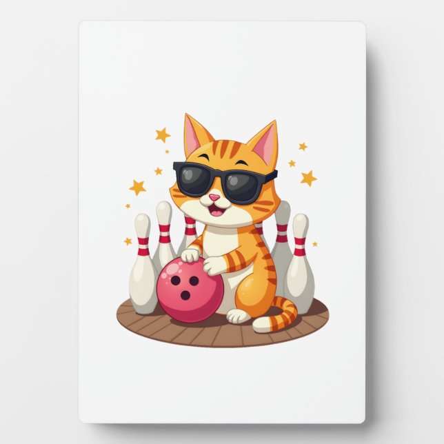 Cute Cat With Sunglasses Cat Playing Bowling For m Plaque (Front)