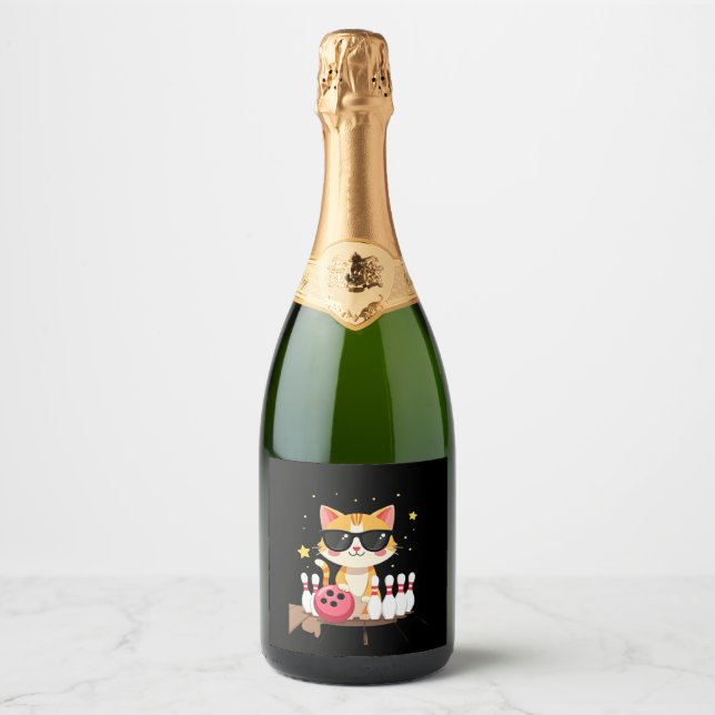 Cute Cat With Sunglasses Cat Playing Bowling For m Sparkling Wine Label (Front)