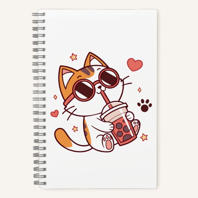 Cute Cat with Sunglasses Drinking Boba Tea Notebook (Front)