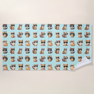 Cute Cat With Sunglasses  On Light Blue Background Beach Towel