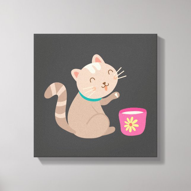 Cute cat with teacup cartoon canvas print (Front)
