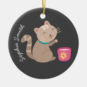 Cute cat with teacup cartoon ceramic ornament