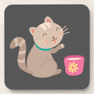 Cute cat with teacup cartoon coaster