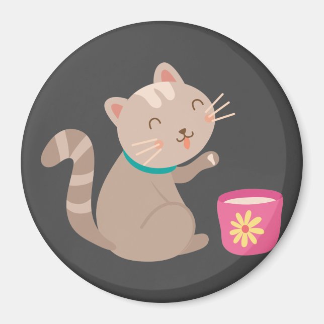 Cute cat with teacup cartoon magnet (Front)