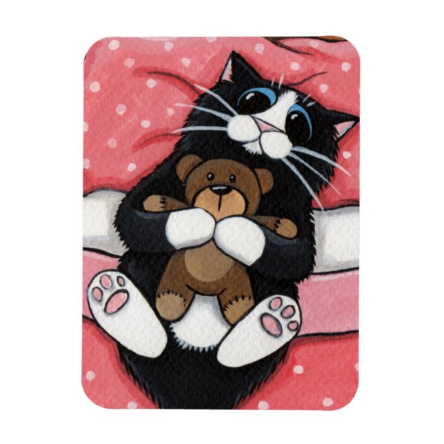 Cute Cat with Teddy Bear on Bed Magnet (Vertical)