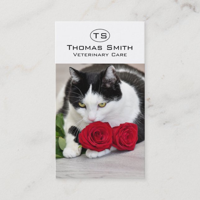 Cute cat with the red rose business card (Front)