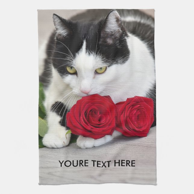 Cute cat with the red rose kitchen towel (Vertical)