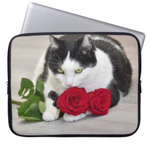 Cute cat with the red rose laptop sleeve