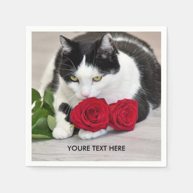Cute cat with the red rose napkin (Front)