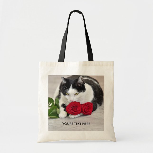 Cute cat with the red rose tote bag (Front)