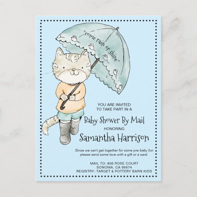 Cute Cat With Umbrella | Baby Shower By Mail Invitation Postcard (Front)