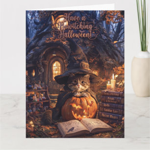 Cute Cat Wizard In Witch Hat Behind a Pumpkin Card