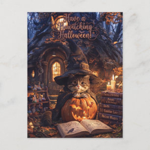 Cute Cat Wizard In Witch Hat Behind a Pumpkin Postcard