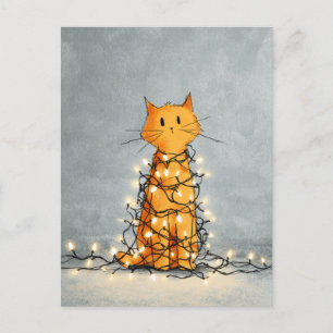 Cute Cat Wrapped by Xmas Lights Funny Christmas  Postcard
