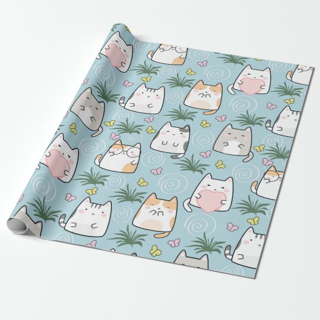 Cute Cat Wrapping Paper - Cartoon Cats on Blue (Unrolled)