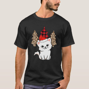 Cute Cat Xmas Plaid Leopard Print Christmas Tree W T-Shirt