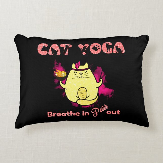 Cute Cat Yoga – "Breathe In, Purr Out" Accent Pillow (Front)