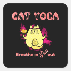 Cute Cat Yoga – "Breathe In, Purr Out" Square Sticker