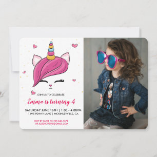 Cute Caticorn Face Photo Birthday Invitation
