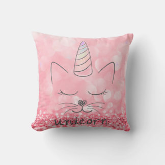 Cute Caticorn | Pink Glitter Throw Pillow