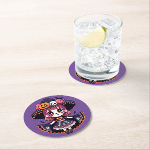 Cute catrina girl halloween  round paper coaster