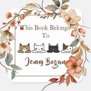 Cute "Cats All In A Row" Bookplate Square Sticker