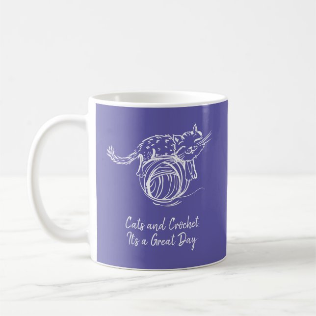 Cute Cats and Crochet It's a Great Day Purple Coffee Mug (Left)