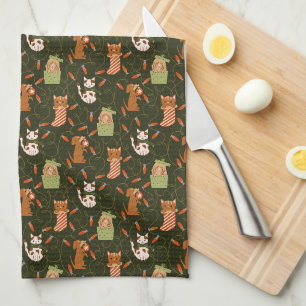Cute Cats and Dogs Christmas Lights Green Kitchen Towel