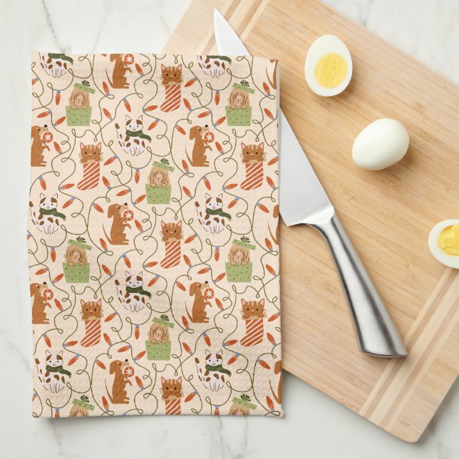 Cute Cats and Dogs Christmas Lights Kitchen Towel (Quarter Fold)